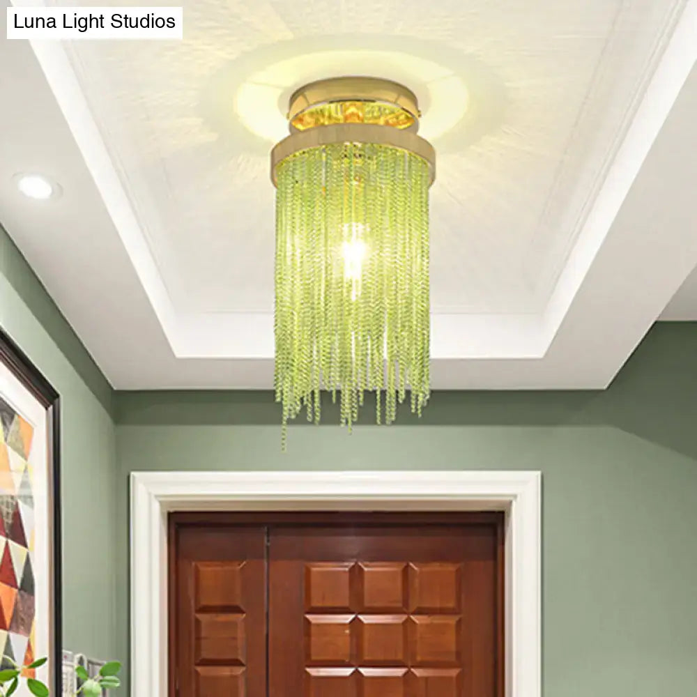 Decorbites modern semi flush mount lamp with gold base and translucent lime green crystal beads for living room lighting
