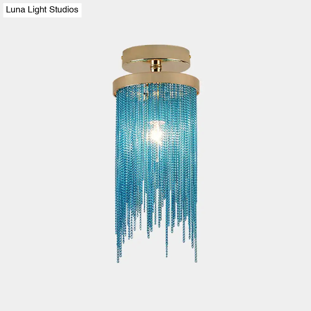 DecorBites™ modern semi flush mount lamp with gold metal base and blue crystal bead strands for living room lighting