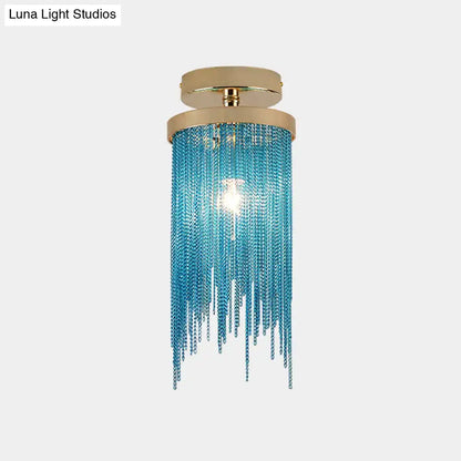 DecorBites™ modern semi flush mount lamp with gold metal base and blue crystal bead strands for living room lighting