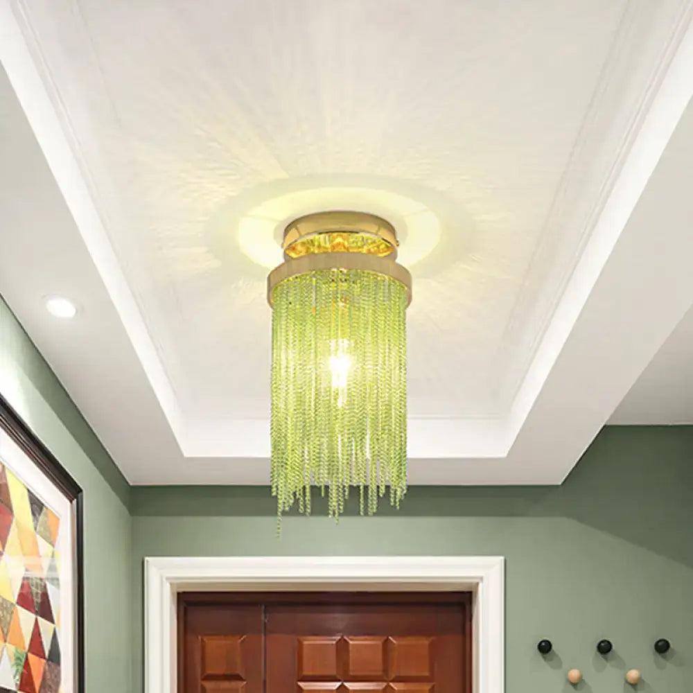 DecorBites™ modern semi flush mount lamp with gold-toned metal base and cascading green crystal beads for living room
