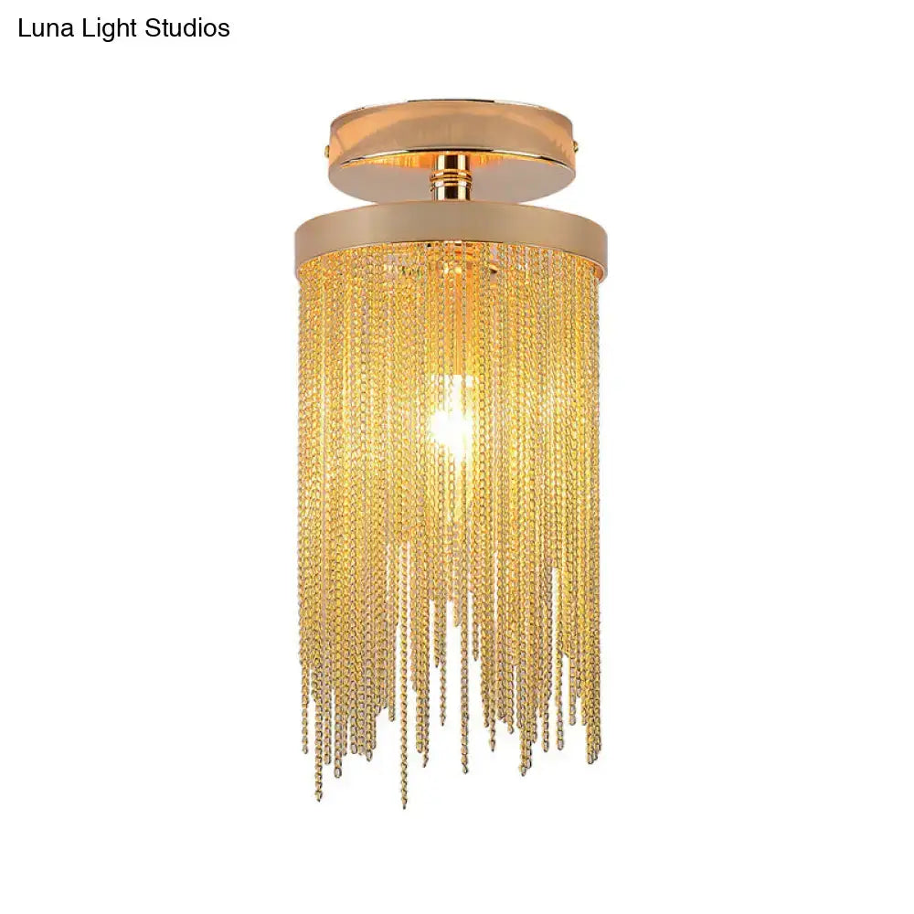 Gold-toned decorbites modern metal chain semi flush mount lamp with cascading clear crystal chains for living room lighting