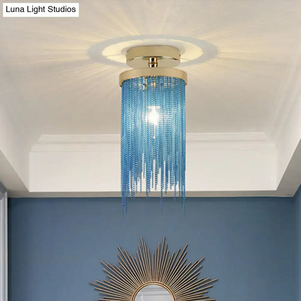 Decorbites modern metal chain semi flush mount lamp with gold base and blue glass beads for living room lighting