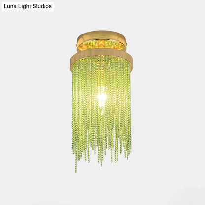 Golden semi flush mount lamp with cascading green crystal beads by decorbites for living room lighting