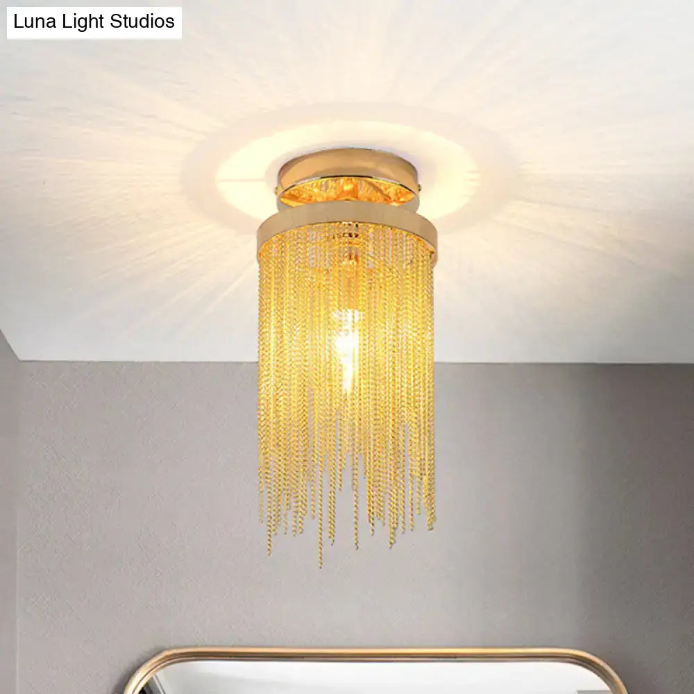 Decorbites™ modern gold-toned semi flush mount lamp with cascading crystal chains for living room ceiling use