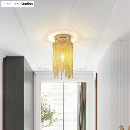 Decorbites modern metal chain semi flush mount lamp with golden cascading crystal chains and circular metallic base