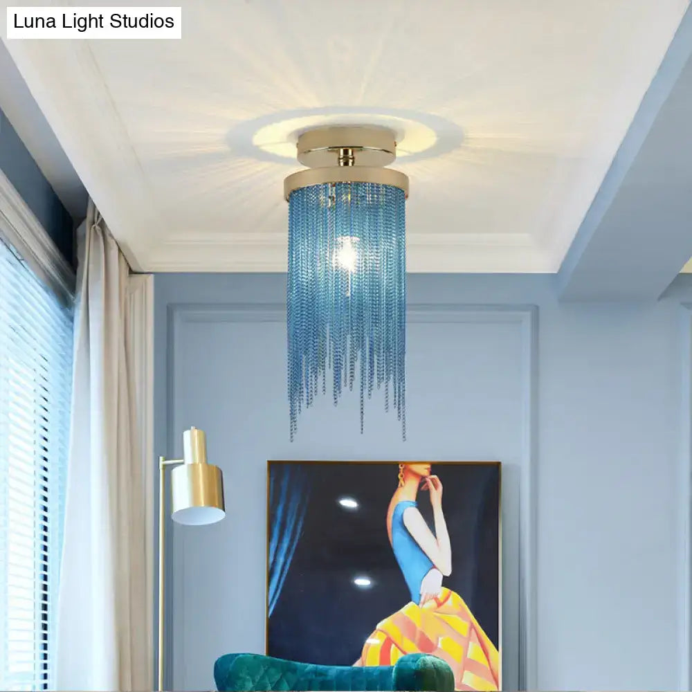 DecorBites™ modern metal semi flush mount lamp with gold base and cascading blue crystal beads for living room