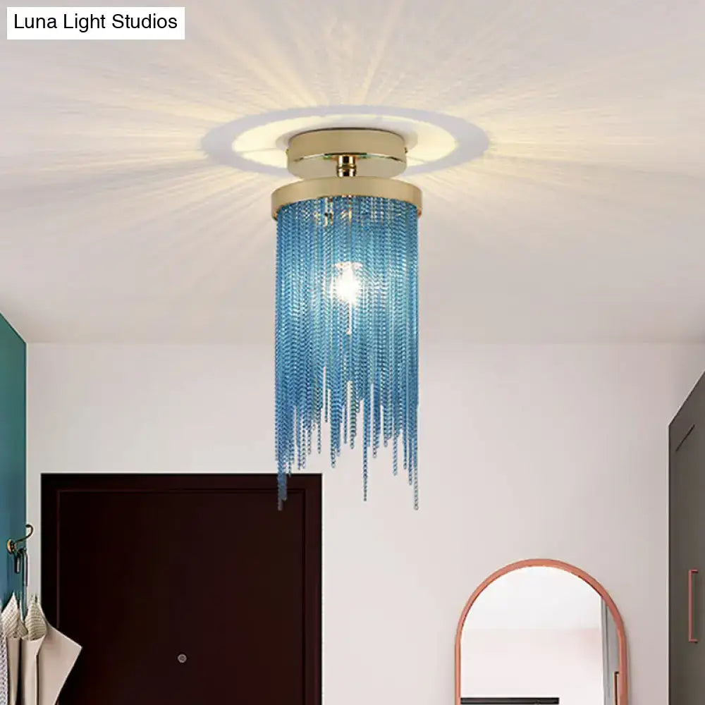 DecorBites™ modern metal chain semi flush mount lamp with blue beads and gold-toned ceiling mount for living room