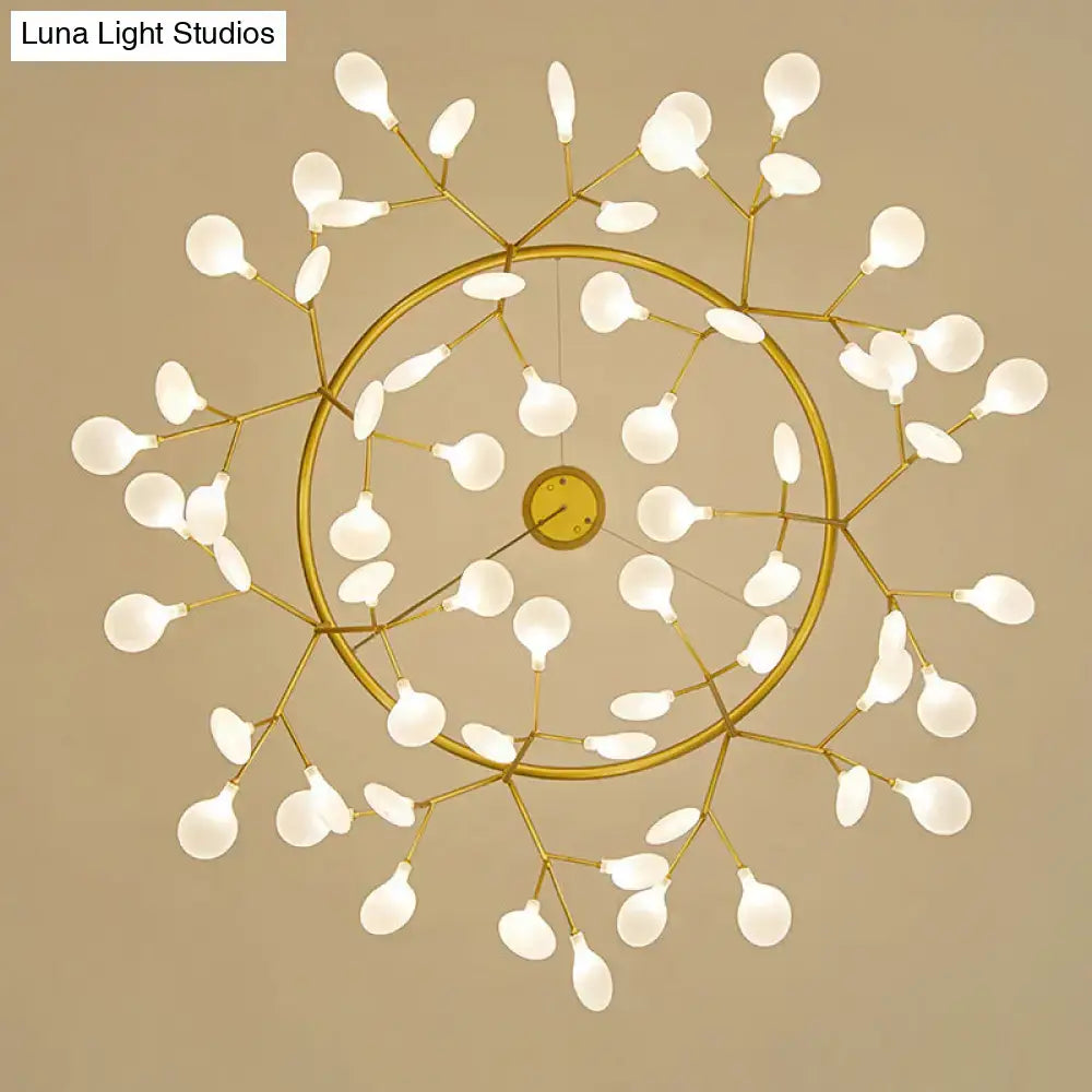 Gold-toned modern metal led dining room chandelier with circular frame and white bulbs compatible with 110v-120v and 220v-240v