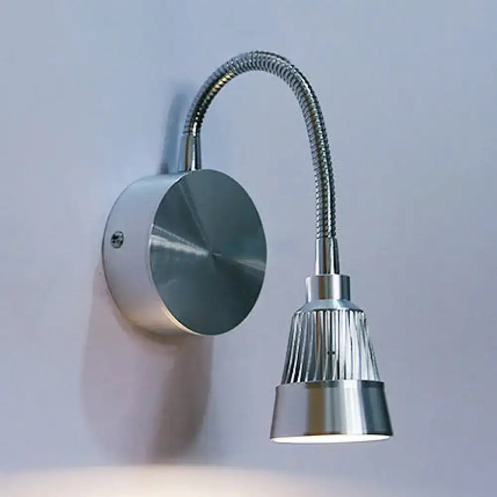 Silver metallic wall-mounted reading lamp with flexible gooseneck and ribbed shade in chrome finish by DecorBites modern metal led