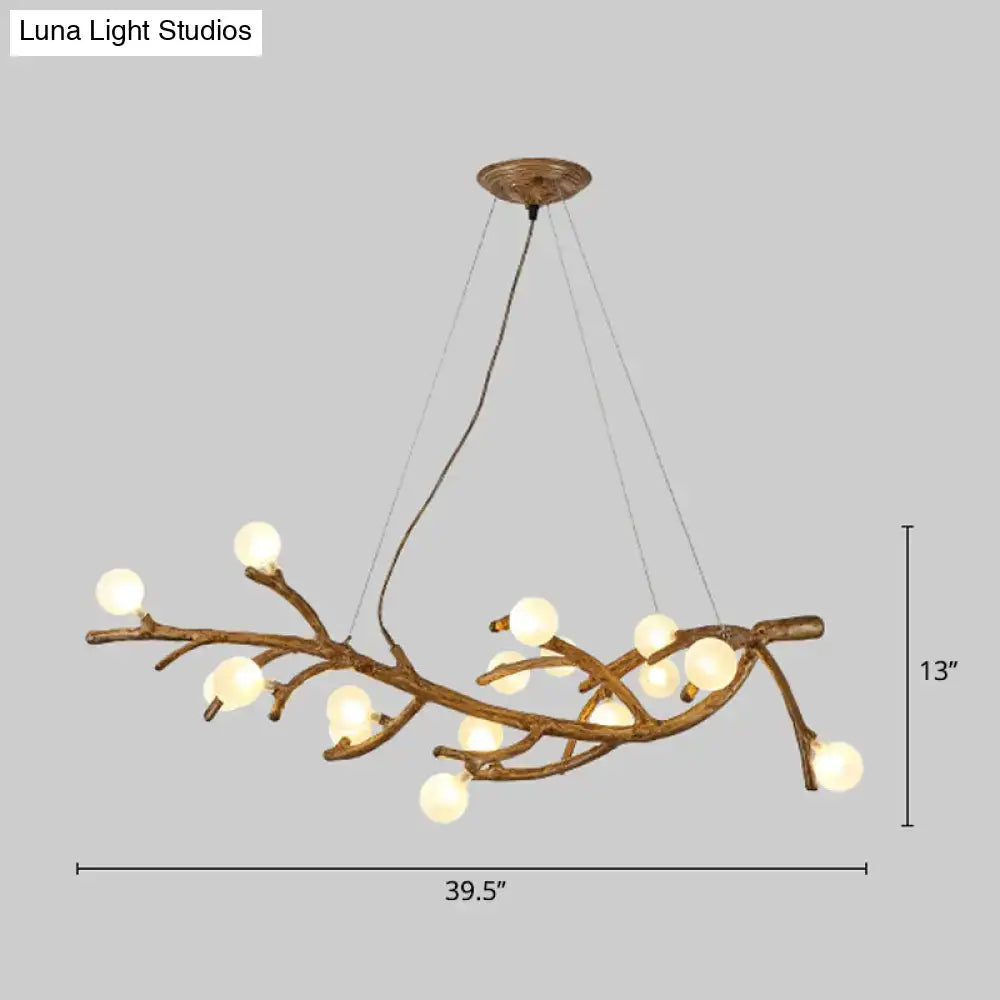 DecorBites modern bronze-finished metal tree branch chandelier with frosted glass globes and art deco wood suspension