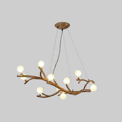 Bronze metal tree branch chandelier with art deco wood suspension and acrylic ball shades for tree branch island lighting