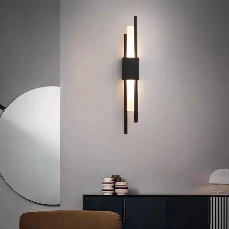 DecorBites™ modern metal wall lamp black with vertical illuminated bars and central rectangular light panel wall lamp