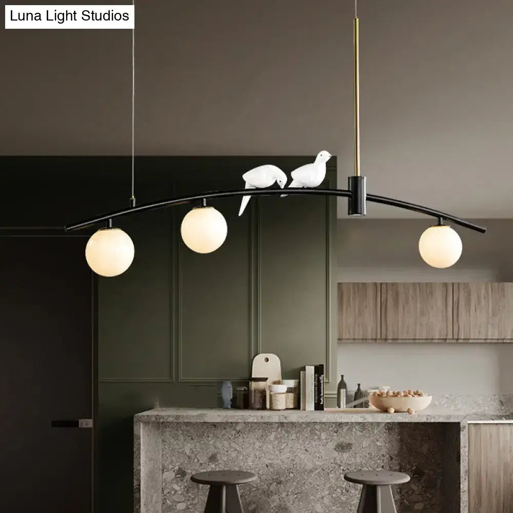 Decorbites modern black curved pendant light with three milk glass globe bulbs and white ceramic bird decoration