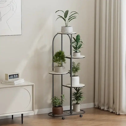 Modern black metal plant stand with five white marble shelves and caster wheels for interior decor flower rack use