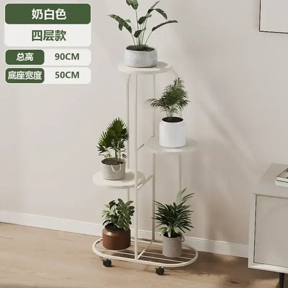A four-tier cream-colored metal plant stand with wheels by decorbites for stylish interior decor and flower rack use