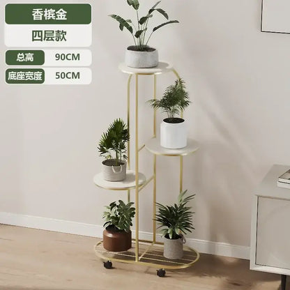 DecorBites™ modern gold-toned four-tier plant stand with white marble-like shelves and black caster wheels for interior decor
