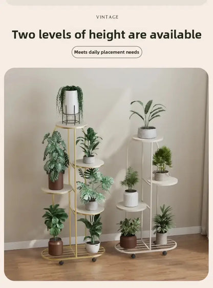Gold-colored metal multi-storey plant stand with wheels by DecorBites for stylish interior decor and flower rack display