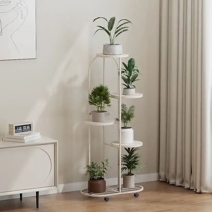 White metal decorbites™ modern multi-storey plant stand with five circular shelves and caster wheels for interior decor