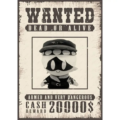 Black and white plush toy dressed as a detective with cap and goggles featured in decorbites™ modern murder drones wall art poster