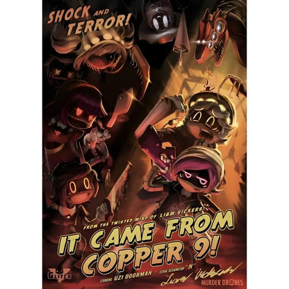 Dark stylized modern murder drones wall art poster featuring cartoonish characters and dramatic lighting for home decor