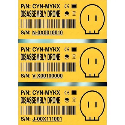 Yellow label with black text and barcode on the back of a decorbites modern murder drones poster for wall art