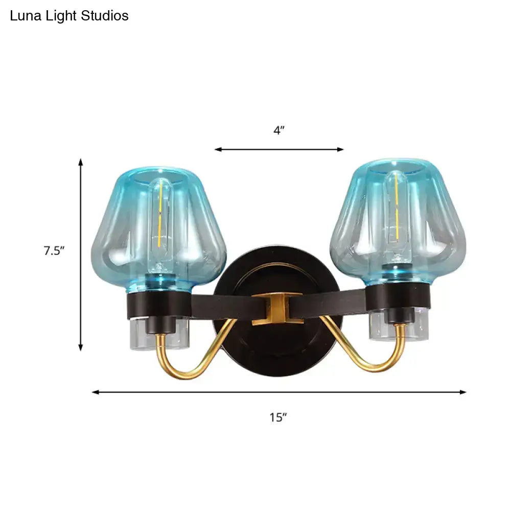 Decorbites modern mushroom blue glass direct wired bedroom sconce with black and gold metal frame lamp fixture