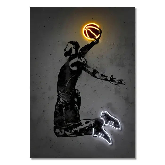 Decorbites modern neon sports star wall art poster featuring a neon-lit basketball player silhouette with glowing ball