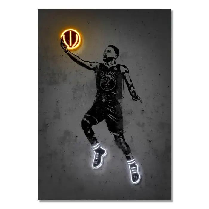 Decorbites modern neon sports star wall art print featuring a black and white basketball player with glowing golden state warriors ball