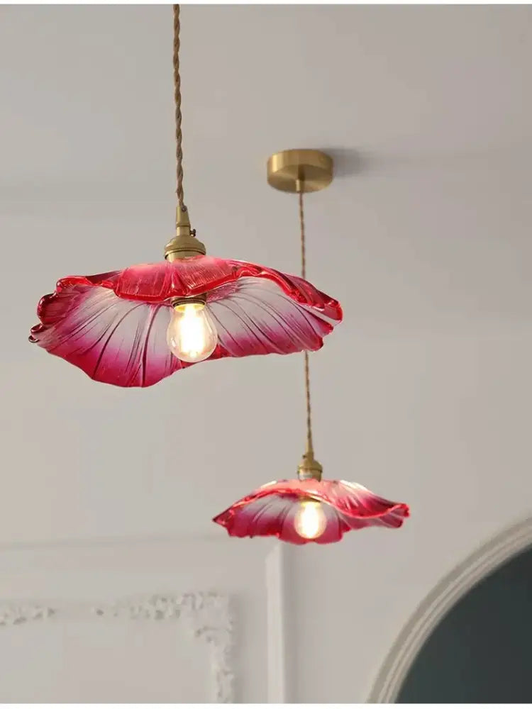 DecorBites™ modern nordic e27 ceiling light with a delicate translucent red glass petal design and brass hardware