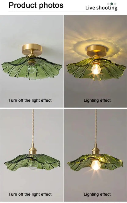 DecorBites modern Nordic ceiling lights with green glass leaf-shaped pendant and brass finish e27 ceiling lights