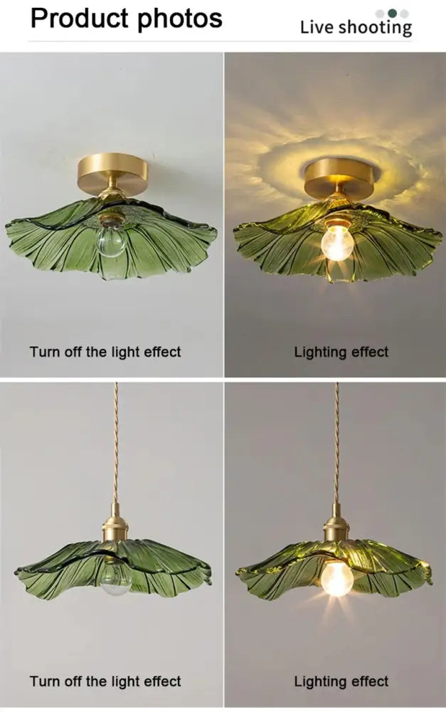 DecorBites modern Nordic ceiling lights with green glass leaf-shaped pendant and brass finish e27 ceiling lights