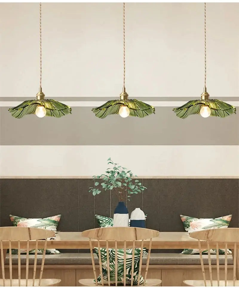 DecorBites™ modern Nordic ceiling lights with brass metal fixtures and green leaf-shaped glass e27 ceiling lights
