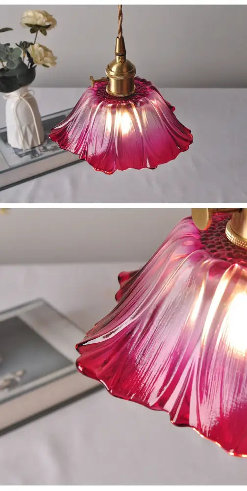 DecorBites modern nordic ceiling lights feature a vibrant pink gradient glass petal design with brass e27 ceiling fixture