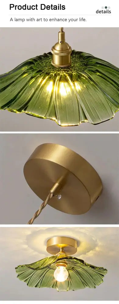 Decorbites™ modern nordic ceiling lights featuring a vintage green glass leaf shade with brass e27 ceiling fixture