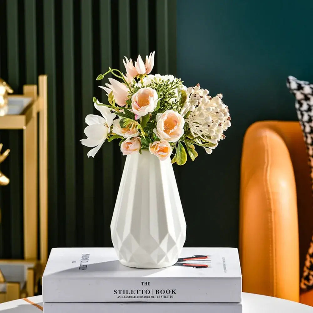 White ceramic DecorBites™ modern nordic flower vase with a diamond shaped faceted geometric design