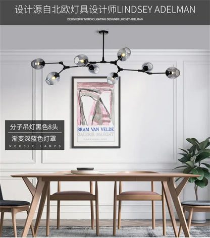Black molecular chandelier with eight gradient deep blue glass shades modern nordic glass chandeliers by DecorBites