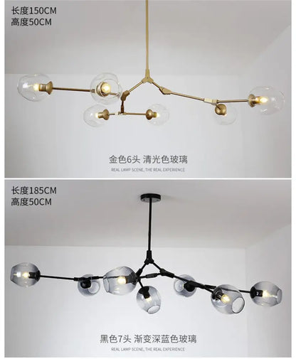 DecorBites modern nordic glass chandeliers with gold six-arm or black seven-arm LED ceiling lamps with glass globes