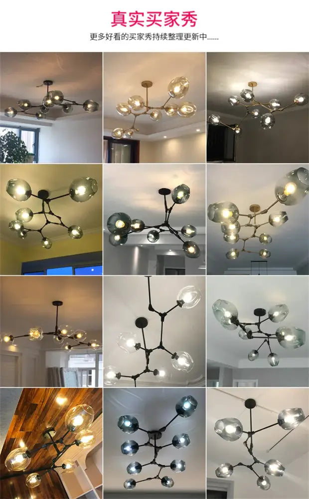 DecorBites modern nordic glass chandeliers with clear and frosted glass globes on a dark metal frame pendant lamp