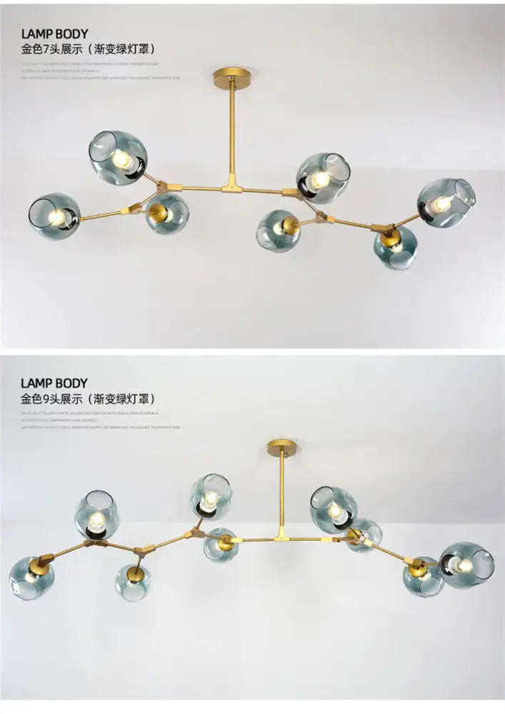 Gold-toned DecorBites™ modern nordic glass chandelier with seven and nine teal glass globe shades pendant lamps
