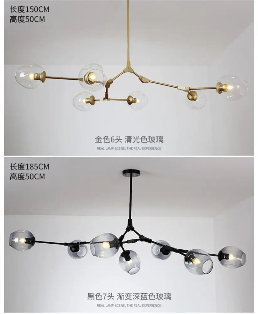 Decorbites modern nordic glass chandeliers featuring gold six-arm and black seven-arm designs with clear and blue globes