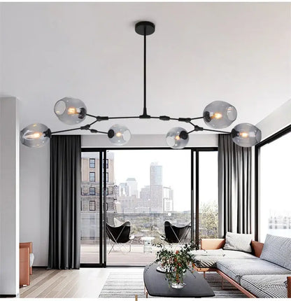 Modern black metal nordic glass chandeliers with multiple frosted glass globe bulbs for elegant lighting decor