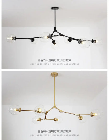 DecorBites™ modern nordic glass chandeliers featuring black and gold nordic lustre with clear glass globe bulbs