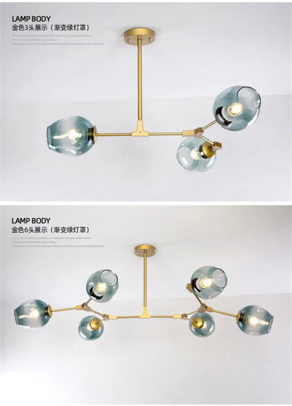 Decorbites™ modern nordic glass chandeliers with gold-toned frame and six translucent teal glass shades nordic lustre