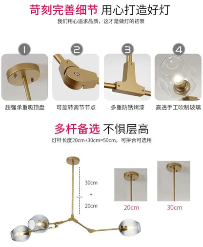 Gold-toned DecorBites modern nordic glass chandelier with three clear hand-blown globes and adjustable brass arms