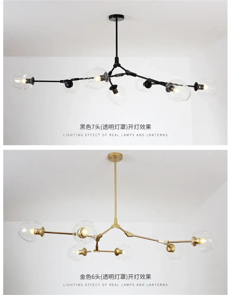 DecorBites™ modern nordic glass chandeliers feature black and gold nordic lustre with clear globe LED bulbs