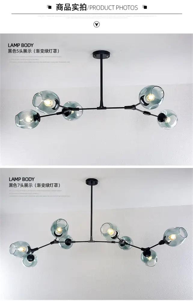 Modern nordic glass chandelier with black metal frame and five translucent green glass globe shades by DecorBites™