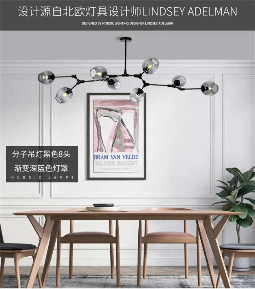 Black molecular nordic lustre chandelier with eight deep blue gradient glass shades from DecorBites modern nordic glass collection