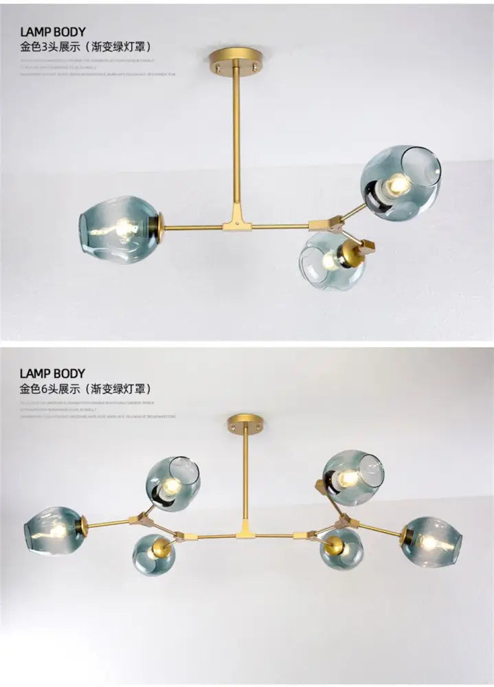 DecorBites™ modern nordic lustre glass chandelier with gold-toned frame and six translucent teal spherical shades with LED