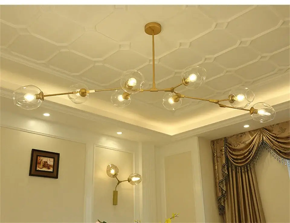Decorbites™ modern nordic glass chandelier with gold-toned branches and clear glass globe bulbs nordic lustre design