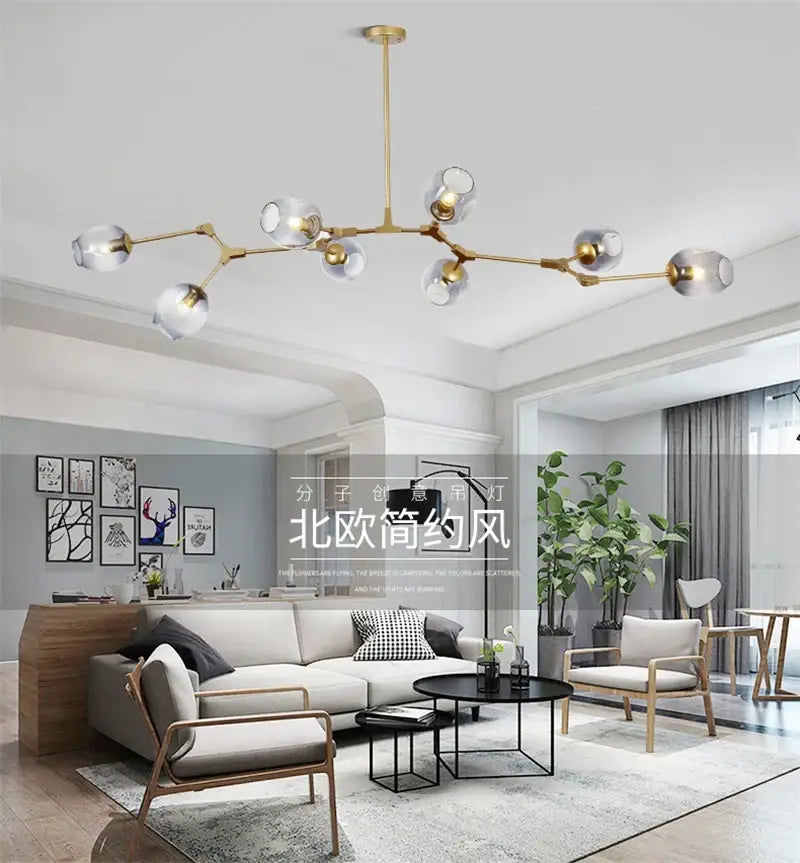 Decorbites modern nordic lustre glass chandelier with gold-toned frame and clear glass globe shades with led lighting